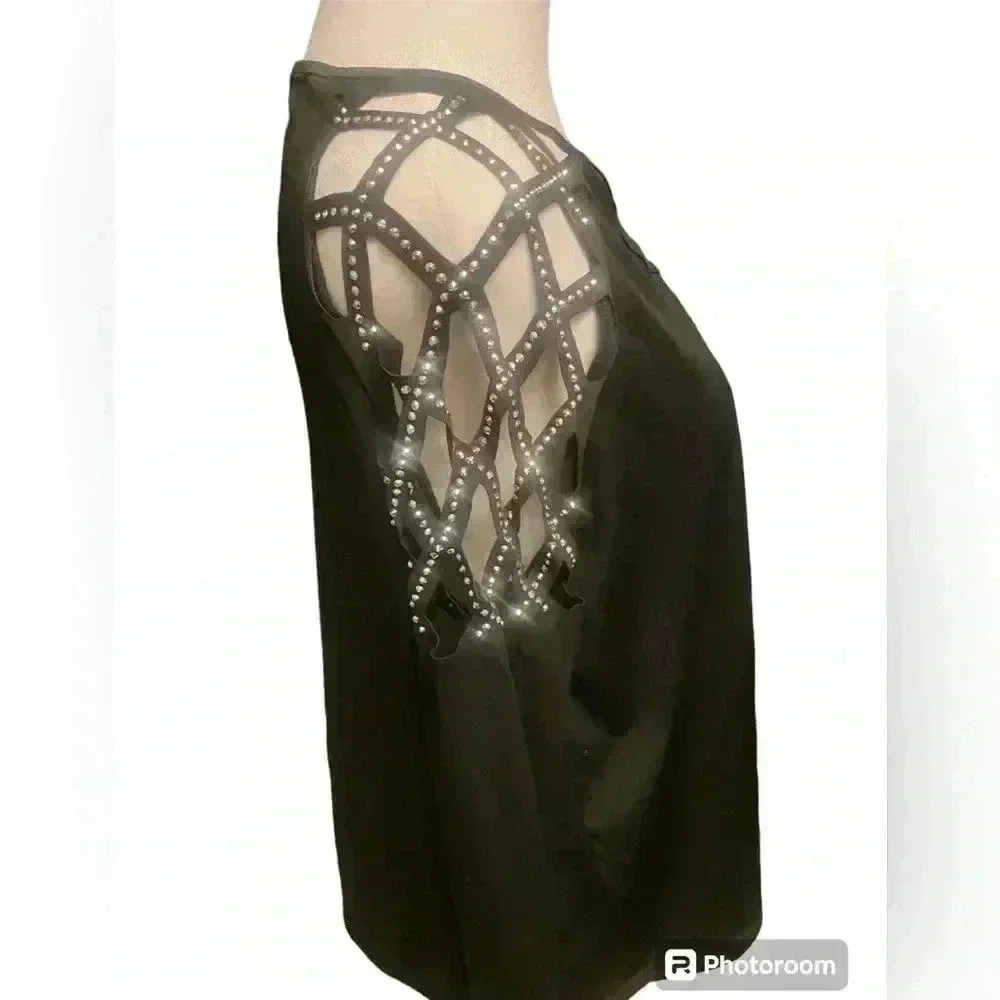 Emery Rose Black cutout sleeves with Rhinestone Detail long sleeve top size lg